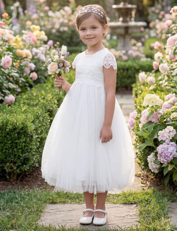 Short Sleeve Lace White Tulle Midi Length Flower Girl Dresses