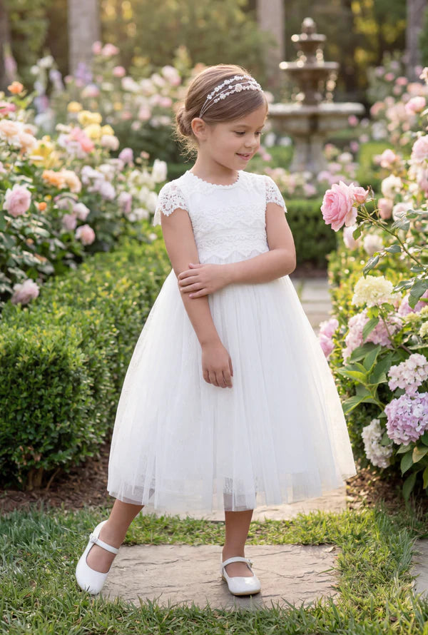 Short Sleeve Lace White Tulle Midi Length Flower Girl Dresses