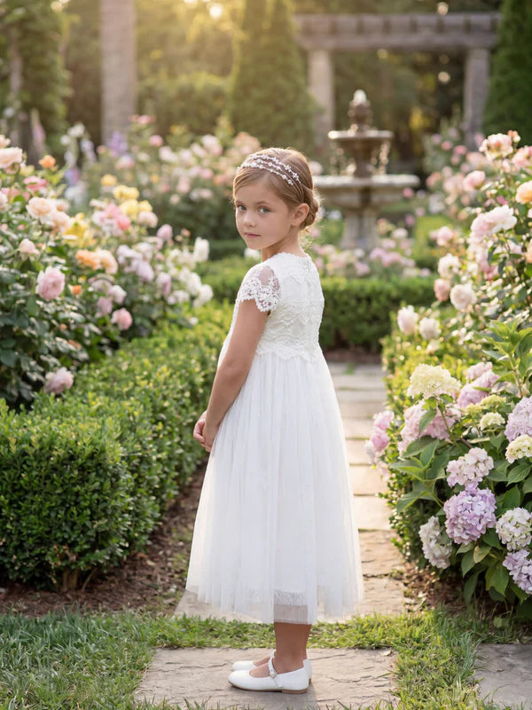 Short Sleeve Lace White Tulle Midi Length Flower Girl Dresses