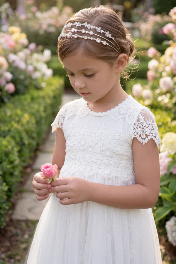 Short Sleeve Lace White Tulle Midi Length Flower Girl Dresses