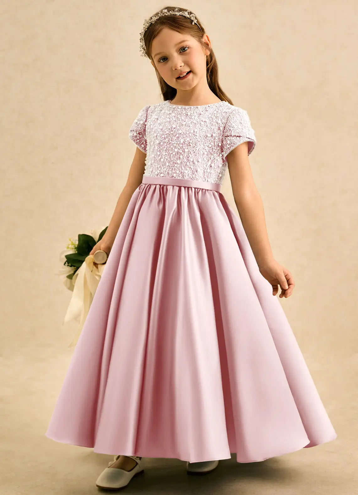 Short Sleeve Round Neck White Lace Bodice Pink Satin Full-Length Flower Girl Dresses with Back Bows