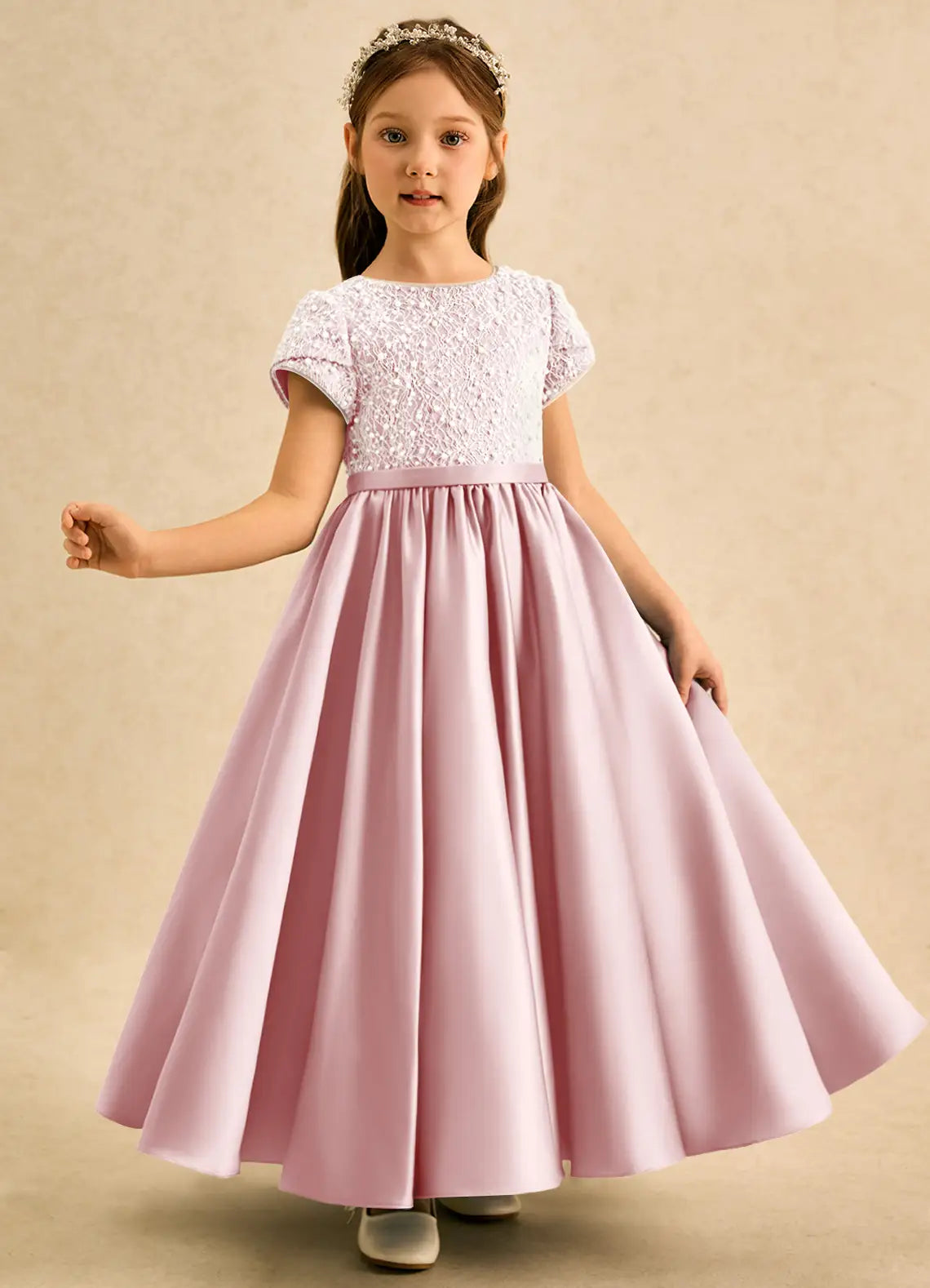 Short Sleeve Round Neck White Lace Bodice Pink Satin Full-Length Flower Girl Dresses with Back Bows