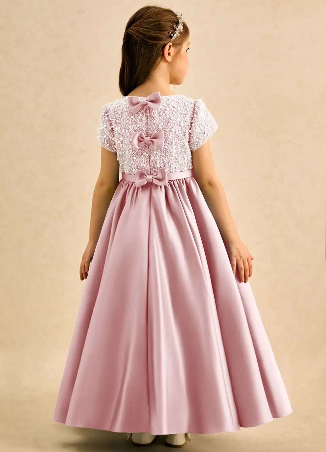 Short Sleeve Round Neck White Lace Bodice Pink Satin Full-Length Flower Girl Dresses with Back Bows