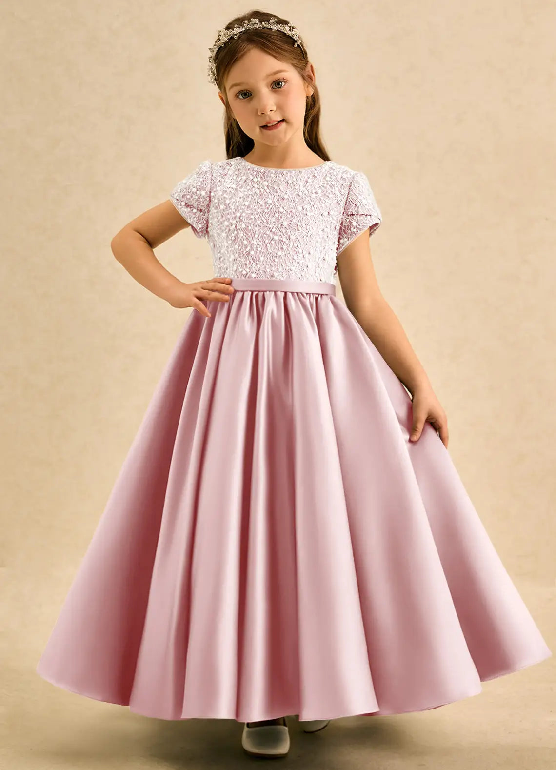 Short Sleeve Round Neck White Lace Bodice Pink Satin Full-Length Flower Girl Dresses with Back Bows