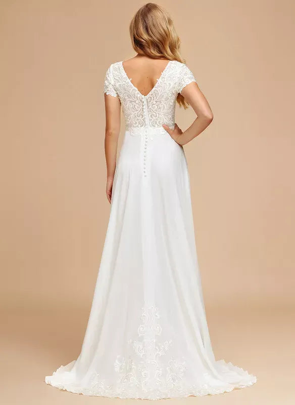 Short‑Sleeve Scroll‑Lace Chiffon A‑Line Wedding Dress With Button‑Back & Train‑Lace Detail