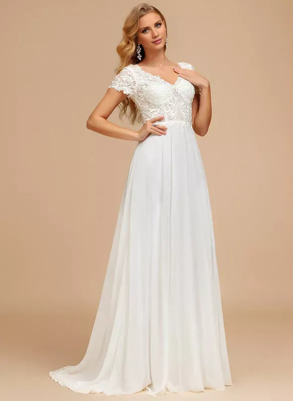 Short‑Sleeve Scroll‑Lace Chiffon A‑Line Wedding Dress With Button‑Back & Train‑Lace Detail