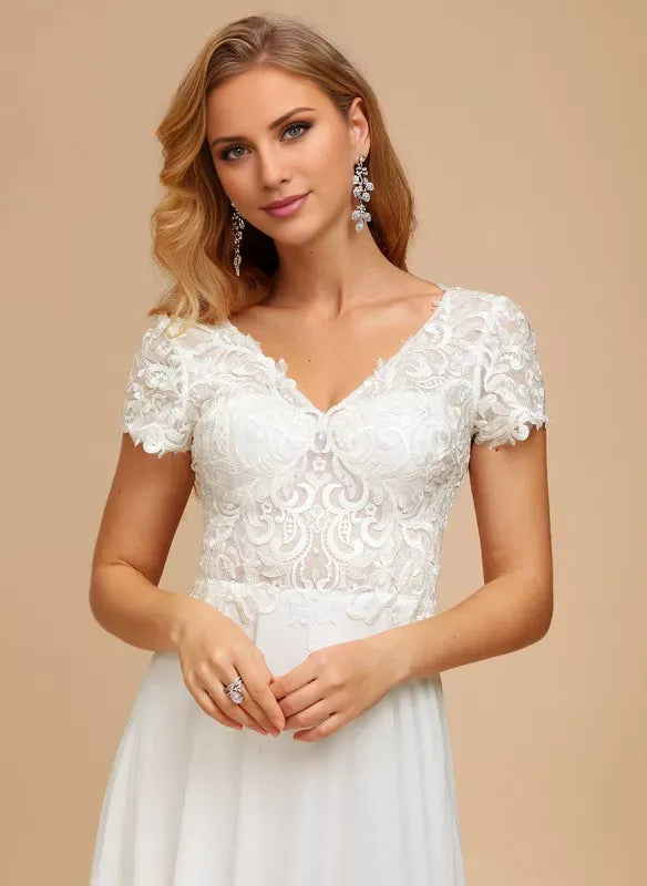 Short‑Sleeve Scroll‑Lace Chiffon A‑Line Wedding Dress With Button‑Back & Train‑Lace Detail