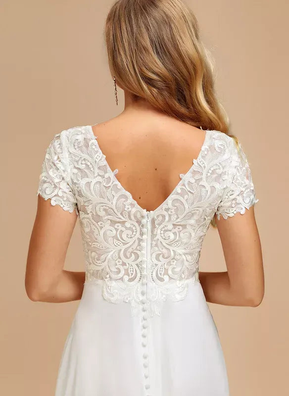 Short‑Sleeve Scroll‑Lace Chiffon A‑Line Wedding Dress With Button‑Back & Train‑Lace Detail