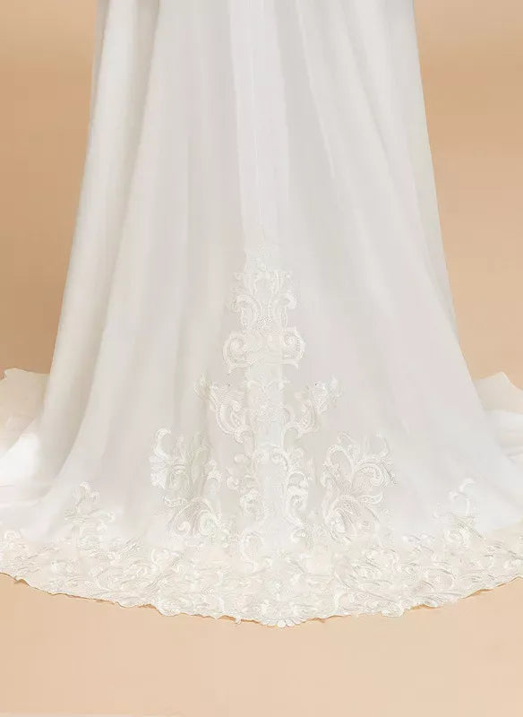 Short‑Sleeve Scroll‑Lace Chiffon A‑Line Wedding Dress With Button‑Back & Train‑Lace Detail