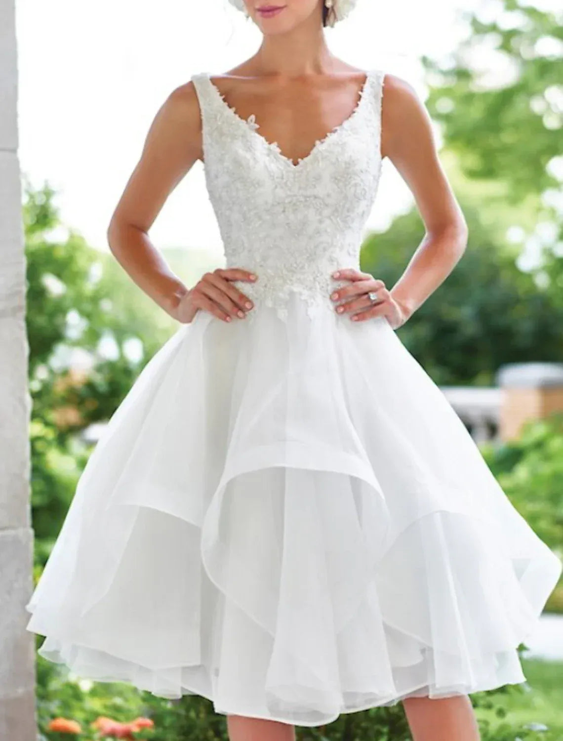 Short Sleeveless V Neck Beaded Lace Tiered Organza A-Line Wedding Dress With Illusion Pearl Back Hidden Side Pockets