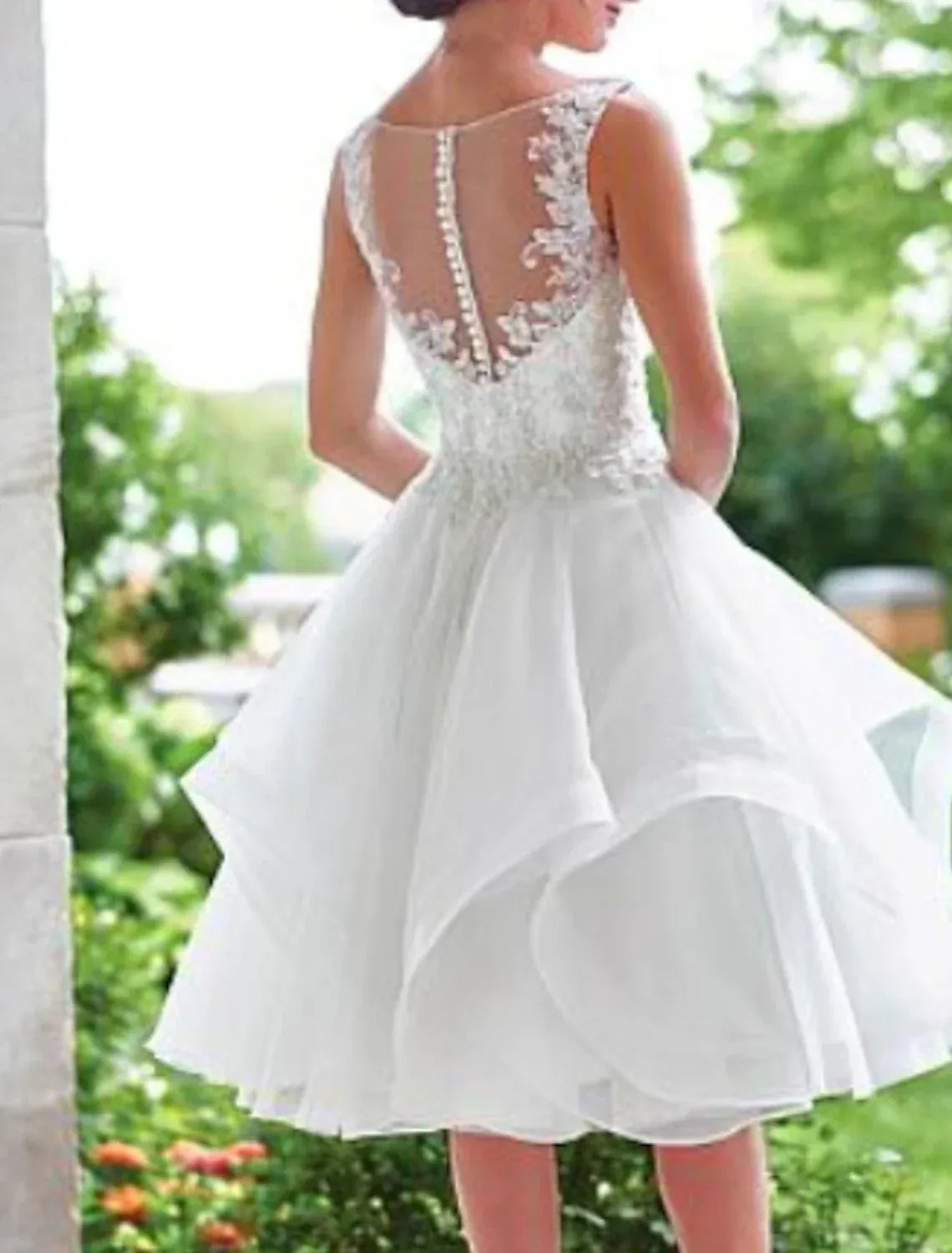 Short Sleeveless V Neck Beaded Lace Tiered Organza A-Line Wedding Dress With Illusion Pearl Back Hidden Side Pockets