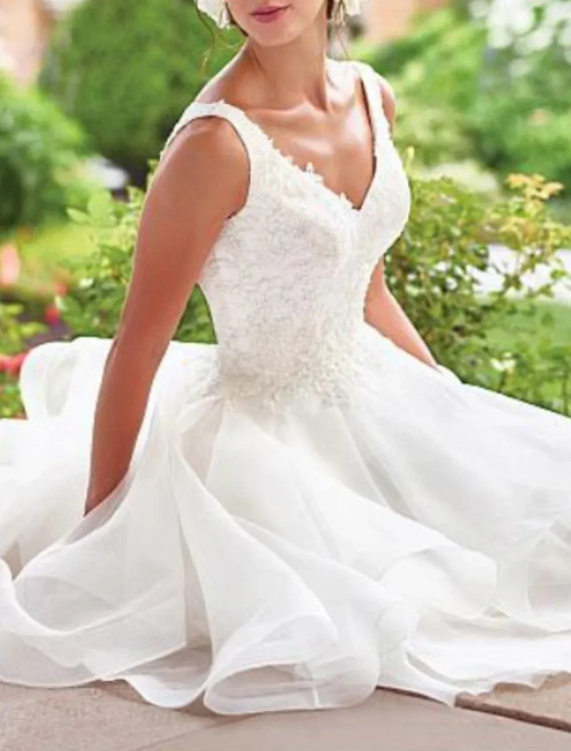 Short Sleeveless V Neck Beaded Lace Tiered Organza A-Line Wedding Dress With Illusion Pearl Back Hidden Side Pockets