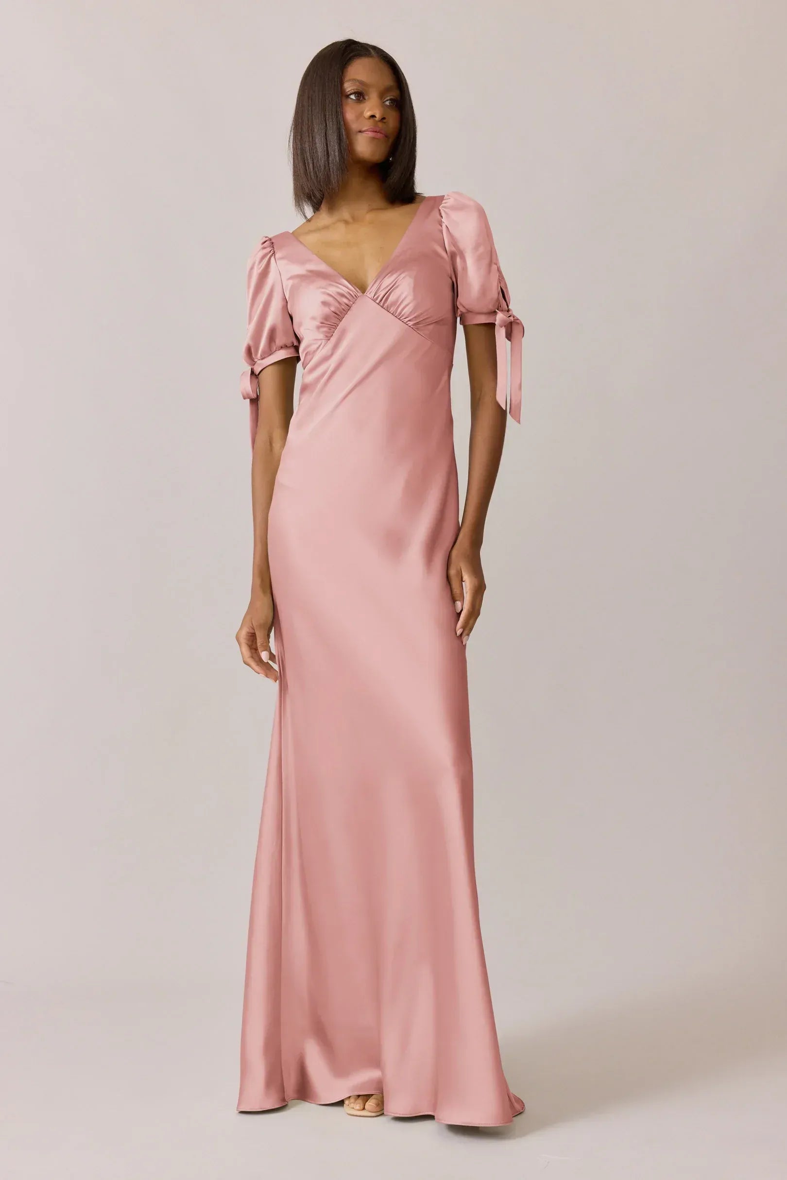 Short Tie Cuff V Back Vertical Button Mermaid Satin Long Bridesmaid Dress