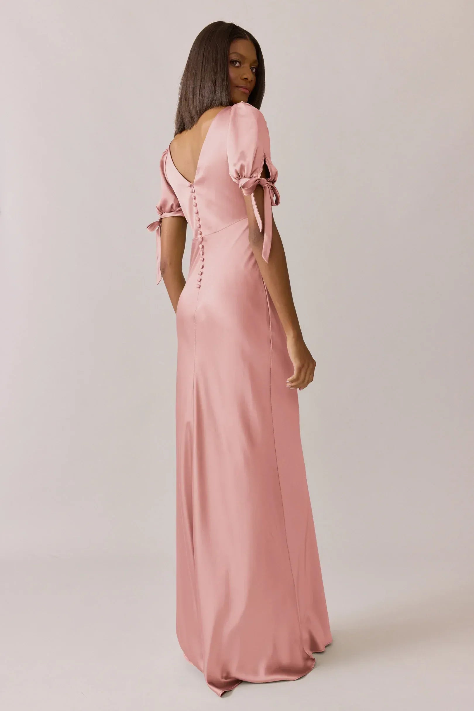 Short Tie Cuff V Back Vertical Button Mermaid Satin Long Bridesmaid Dress