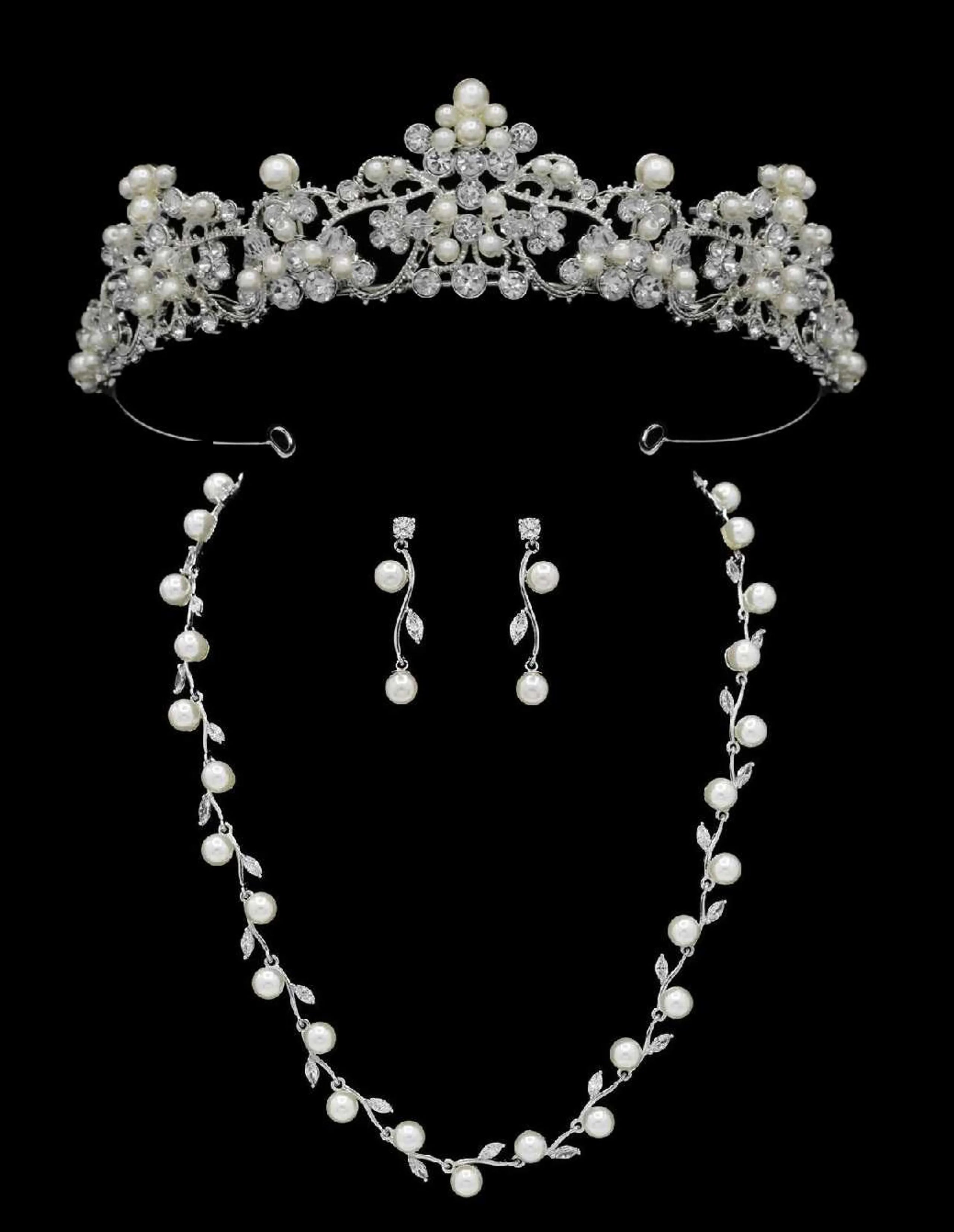 Silver-Tone Pearl and Crystal Tiara Jewelry Set with Necklace and Earrings