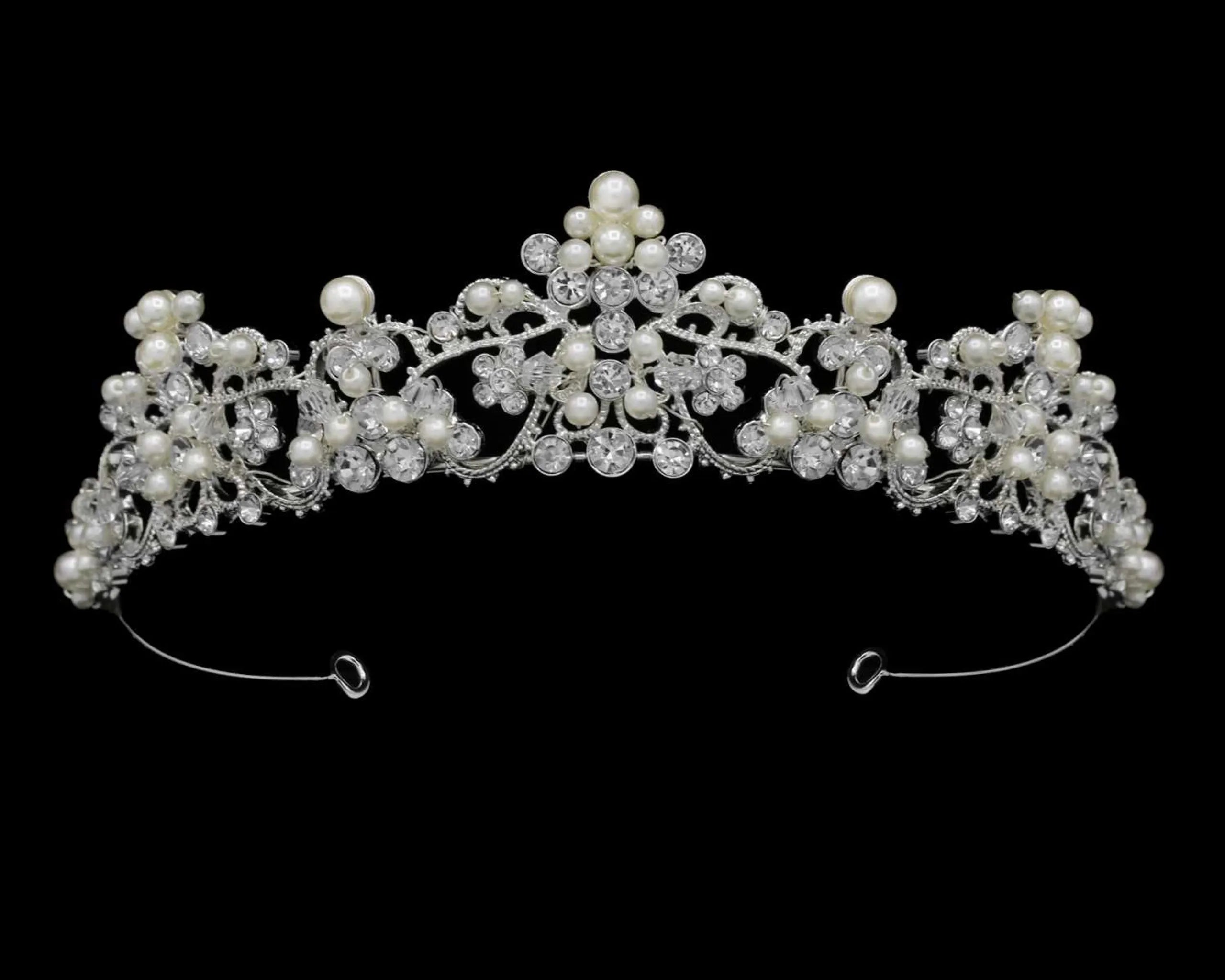 Silver-Tone Pearl and Crystal Tiara Jewelry Set with Necklace and Earrings