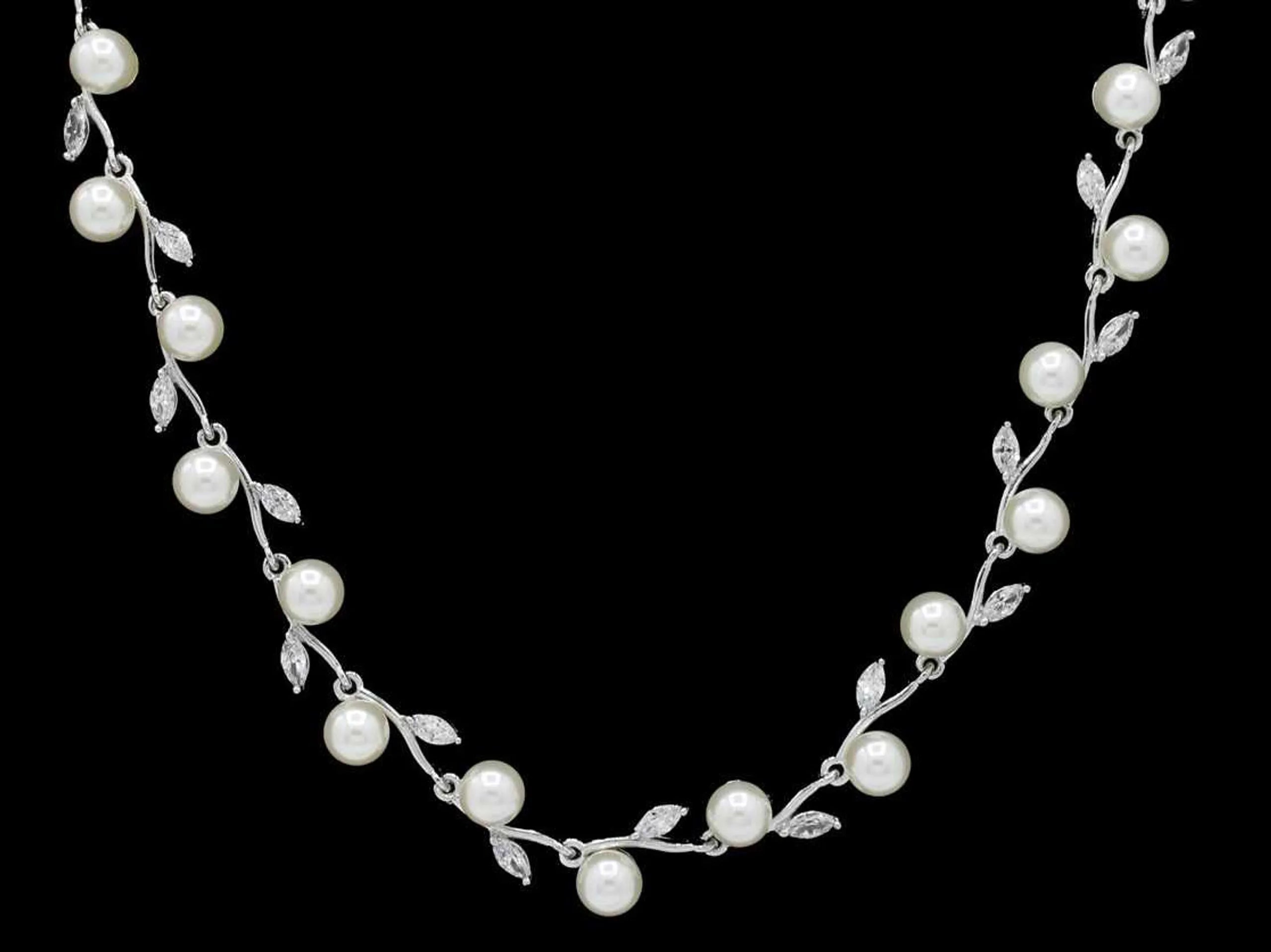 Silver-Tone Pearl and Crystal Tiara Jewelry Set with Necklace and Earrings