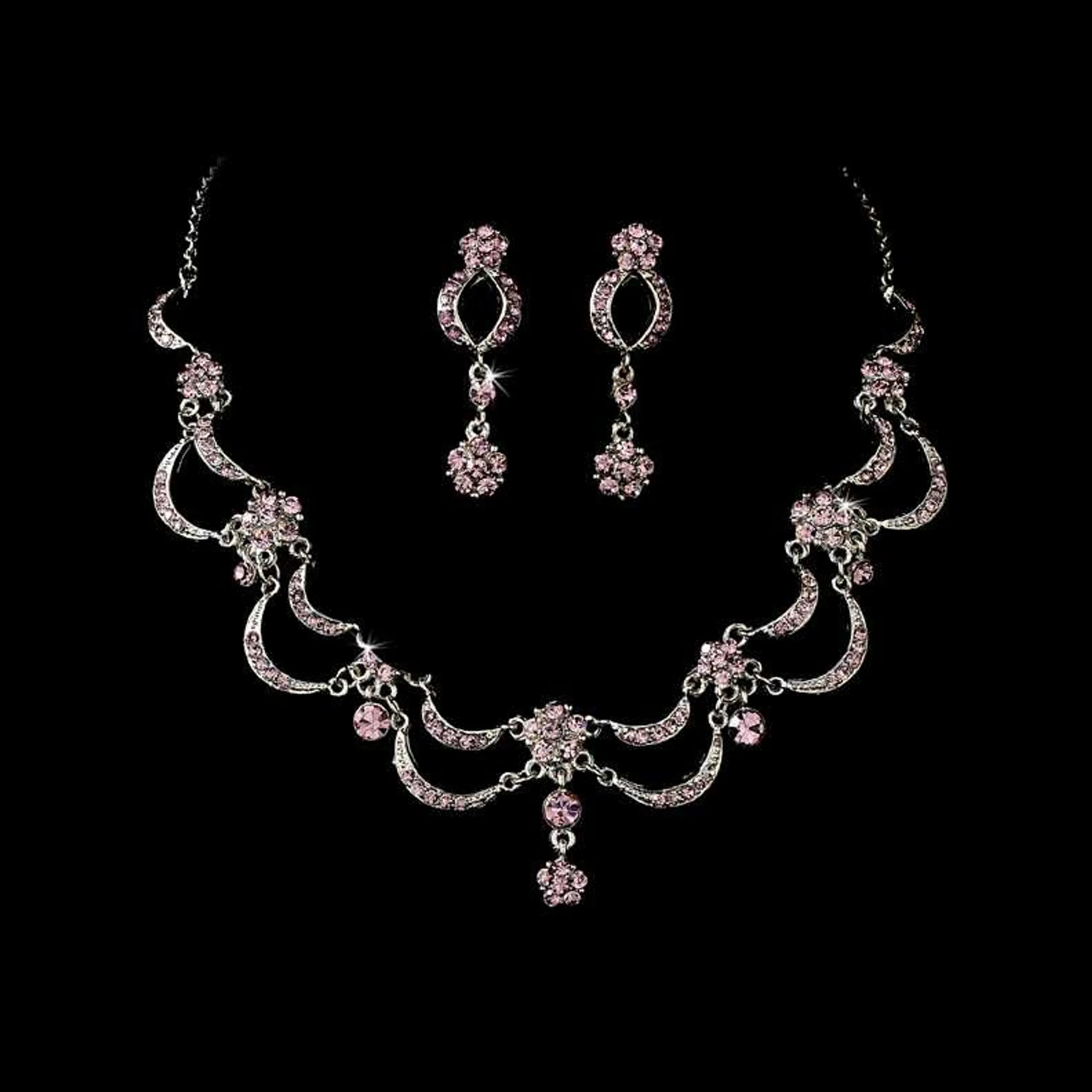 Silver-Tone Pink Crystal Floral Jewelry Set with Necklace and Earrings