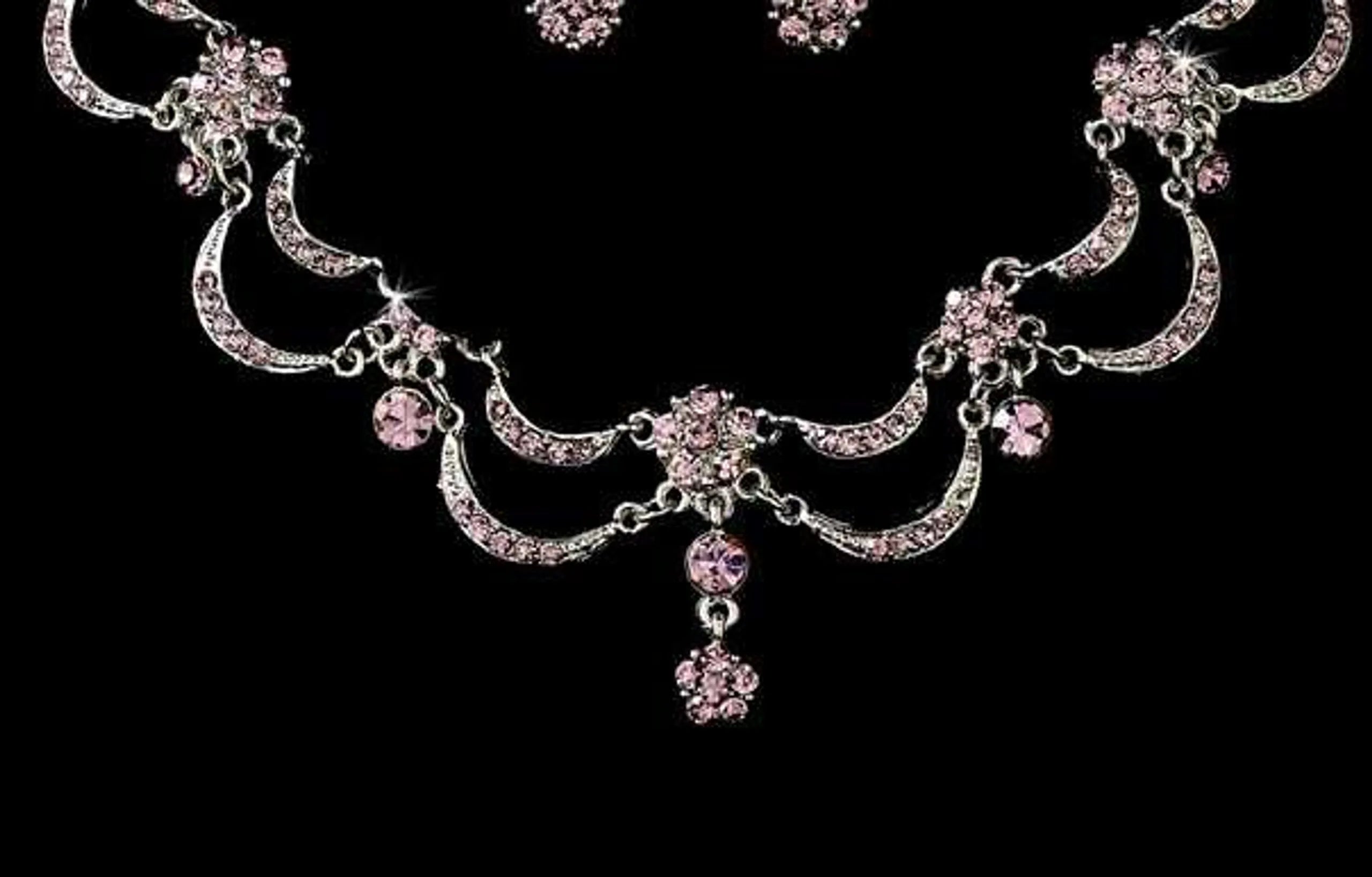 Silver-Tone Pink Crystal Floral Jewelry Set with Necklace and Earrings