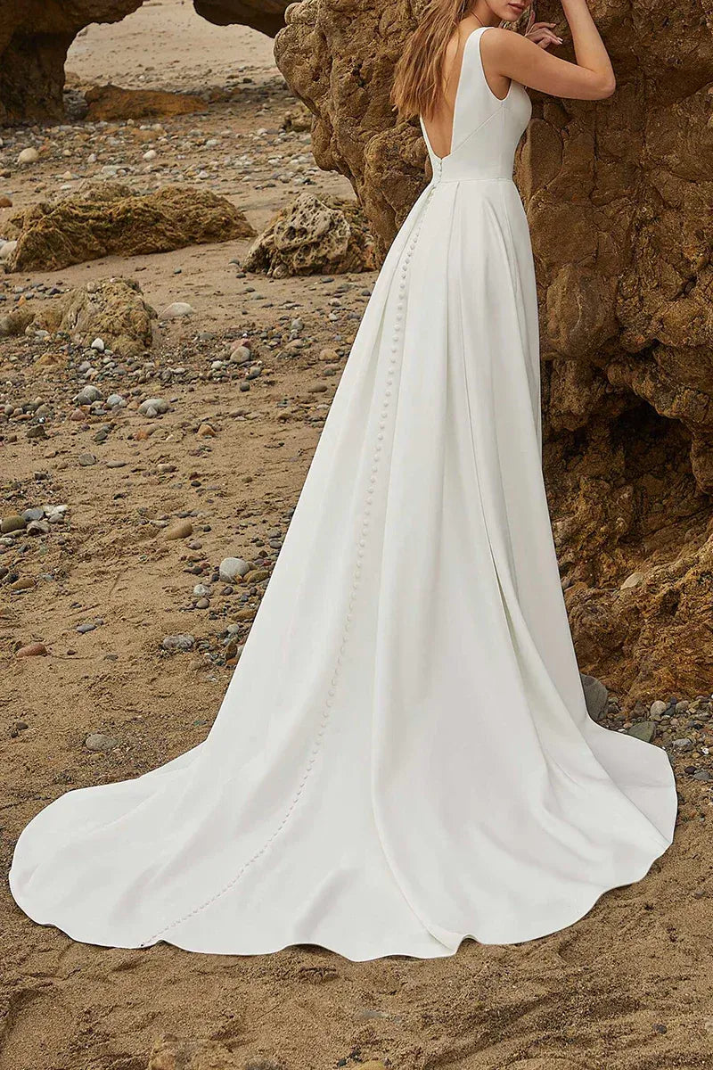 Simple Double Strap Deep V Back Pearl Train High Slit A Line Satin Wedding Dress