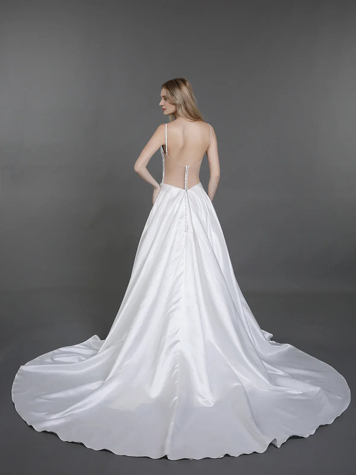 Simple Spaghetti Strap Deep V Sheer Back Pearl Train Pockets A Line Satin Wedding Dress