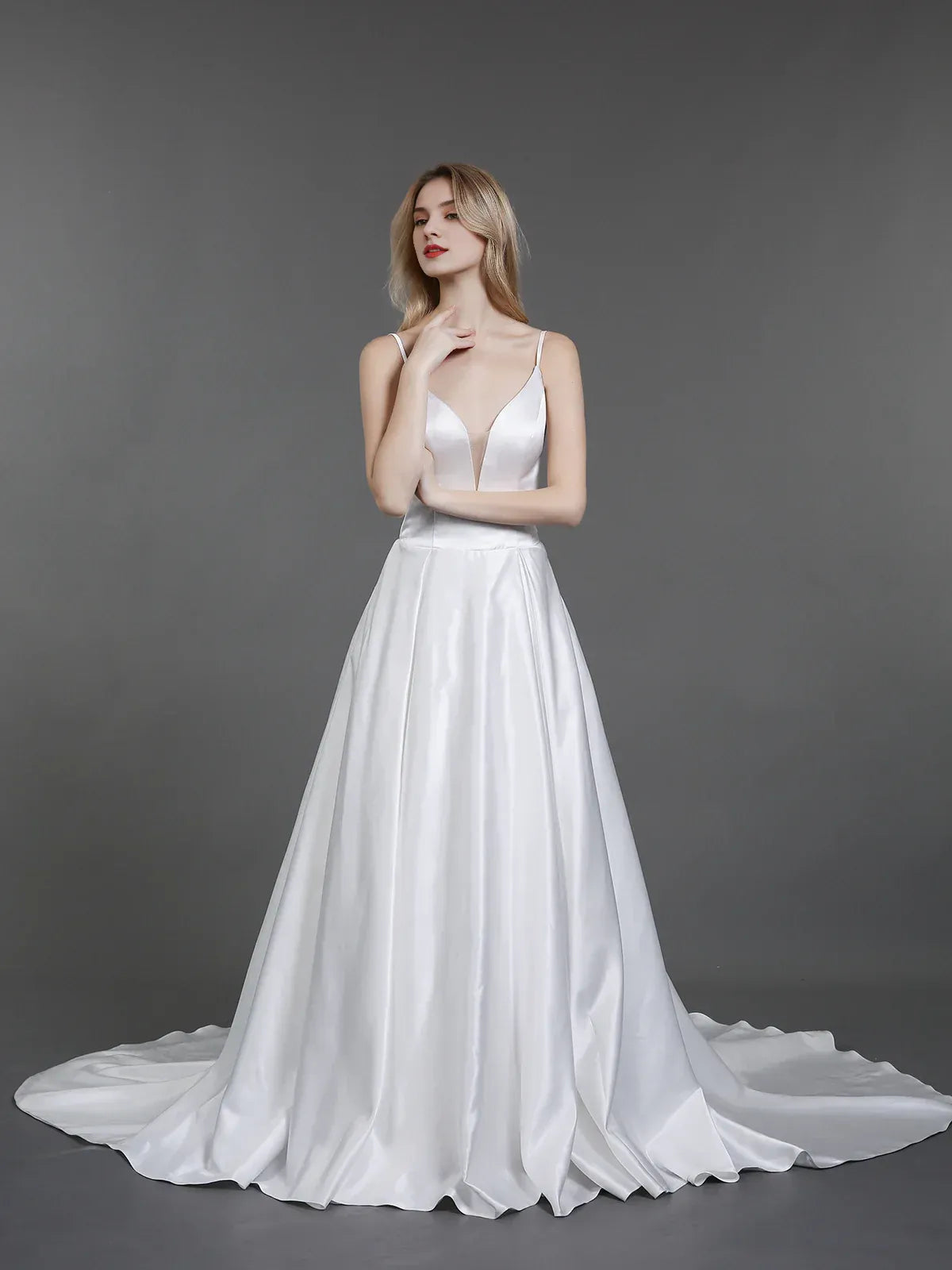 Simple Spaghetti Strap Deep V Sheer Back Pearl Train Pockets A Line Satin Wedding Dress