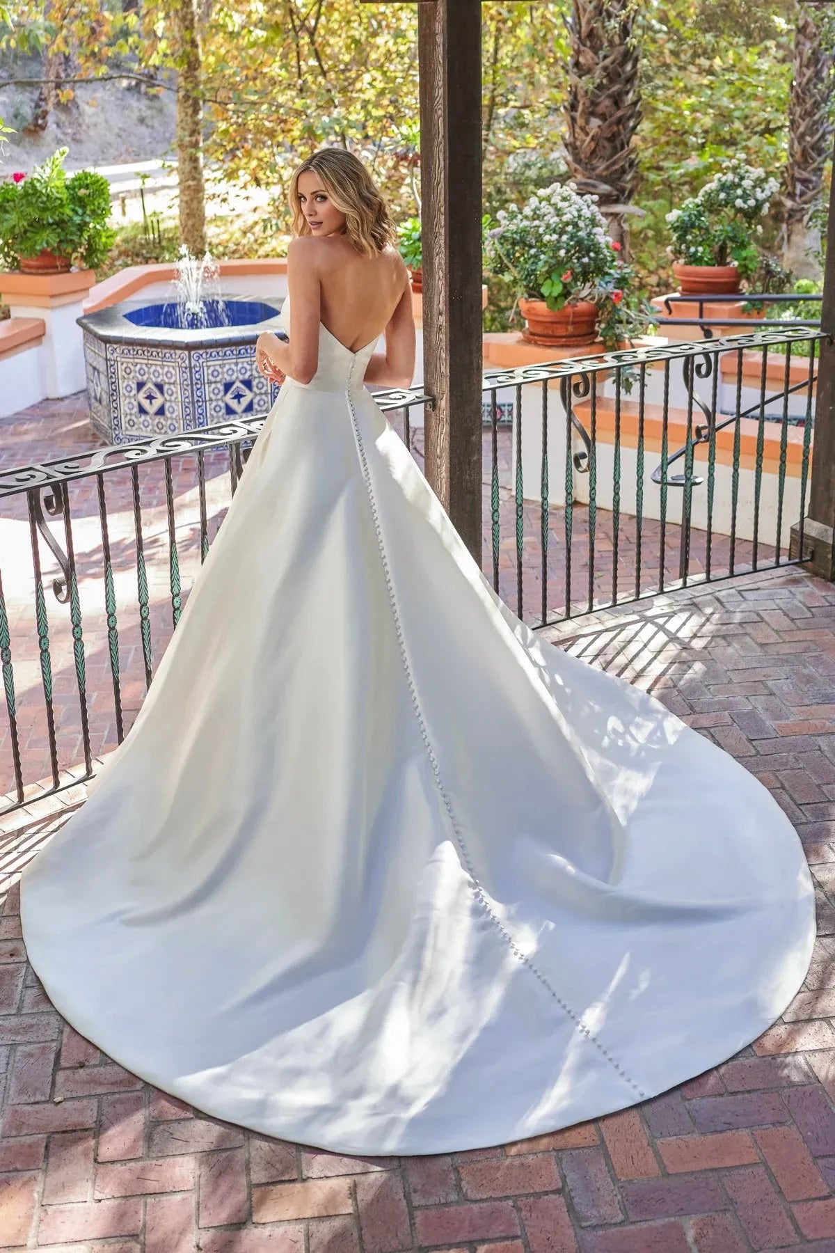 Simple Strapless Sweetheart Low Back Pearl Train A Line Satin Wedding Dress