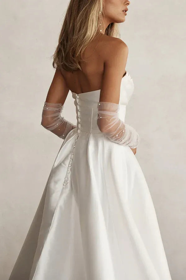 Simple Strapless Sweetheart Wrap High Slit Pearl Back Train Mermaid Satin Wedding Dress