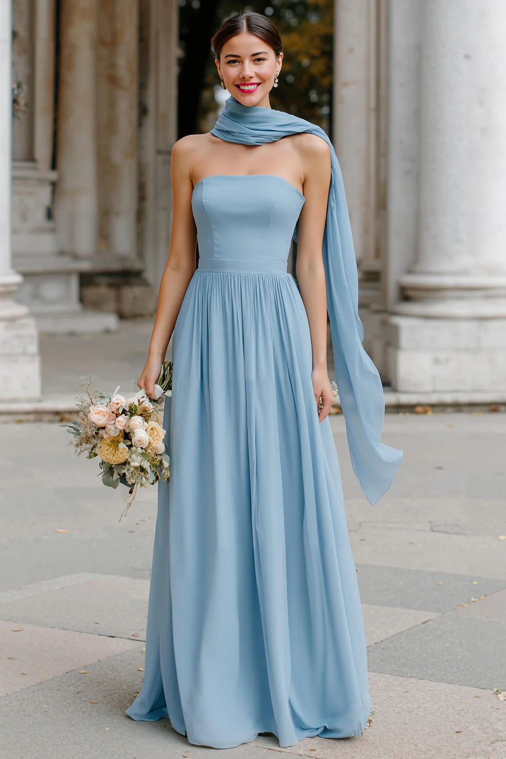 Simple A-Line Strapless Sleeveless Open Back  Floor-Length Bridesmaid Dress