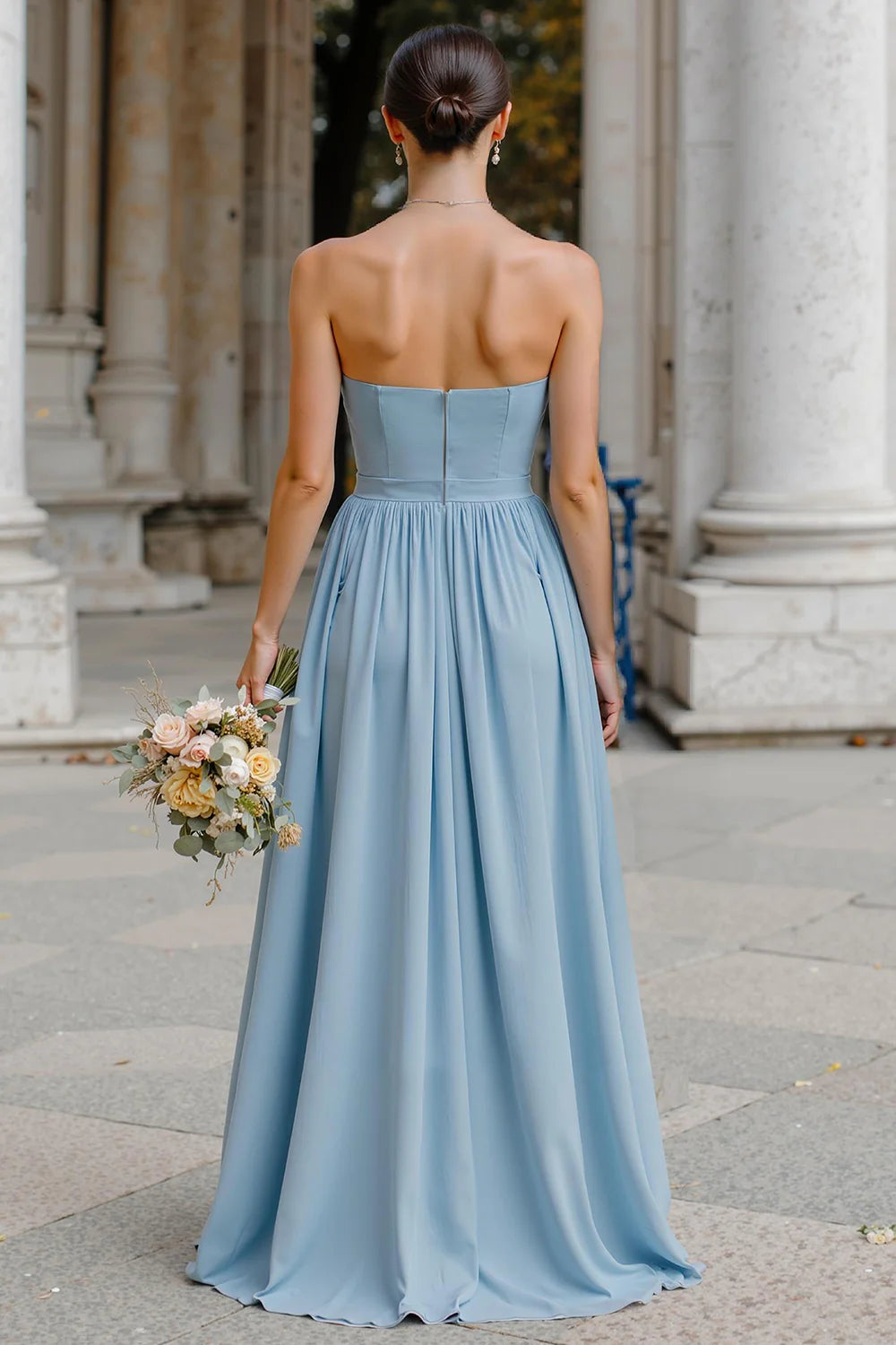 Simple A-Line Strapless Sleeveless Open Back  Floor-Length Bridesmaid Dress