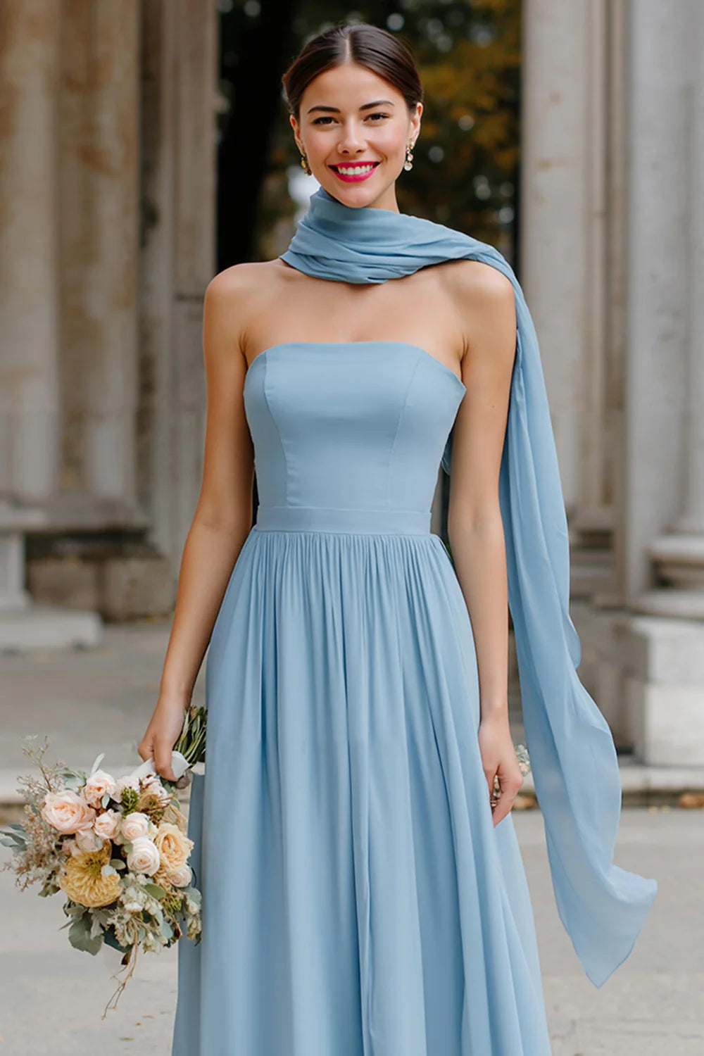 Simple A-Line Strapless Sleeveless Open Back  Floor-Length Bridesmaid Dress