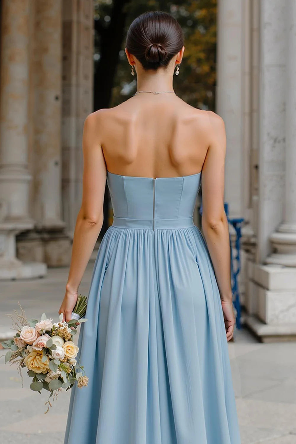 Simple A-Line Strapless Sleeveless Open Back  Floor-Length Bridesmaid Dress