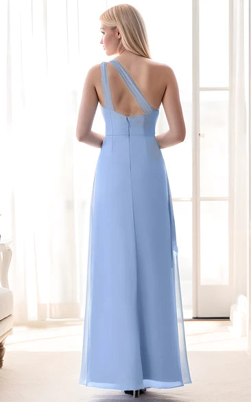 Simple Blue One Shoulder Sheath Maxi Bridesmaid Dress Elegant Flowy Ruffle Split Front Zipper Back Chiffon Dress