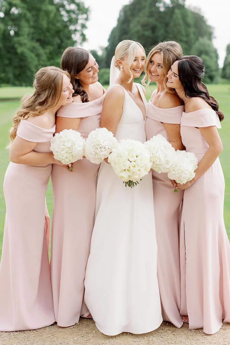 Simple Mermaid Off the Shoulder Cap Sleeve Backless Floor-Length Bridesmaid Dress