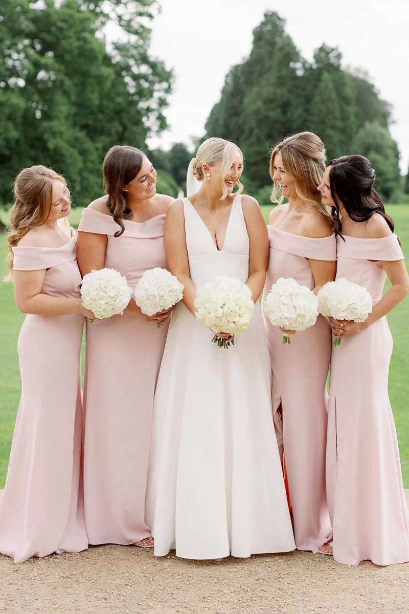 Simple Mermaid Off the Shoulder Cap Sleeve Backless Floor-Length Bridesmaid Dress