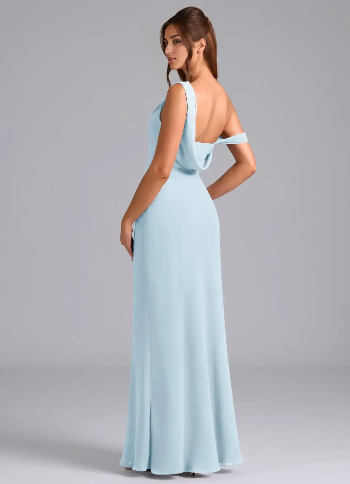 Sky Blue Asymmetric One Shoulder Draped Back High Slit Floor Length Mermaid Chiffon Bridesmaid Dress