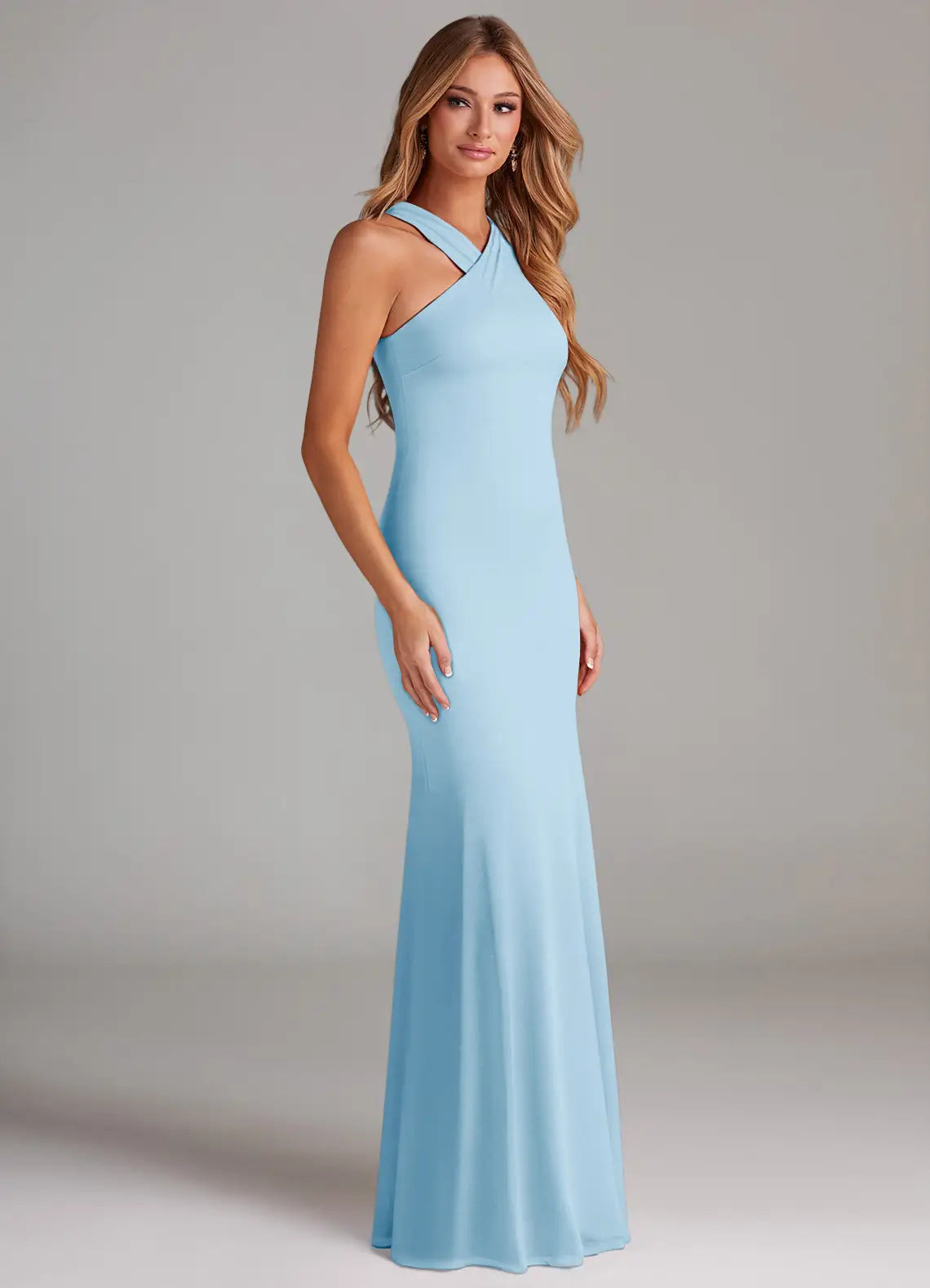 Sky Blue Crisscross Halter Neck Bow Tie Back Mermaid Maxi Chiffon Bridesmaid Dress