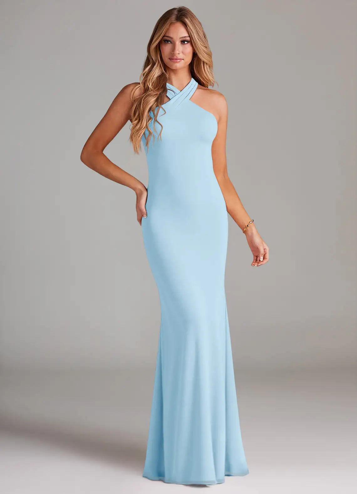 Sky Blue Crisscross Halter Neck Bow Tie Back Mermaid Maxi Chiffon Bridesmaid Dress