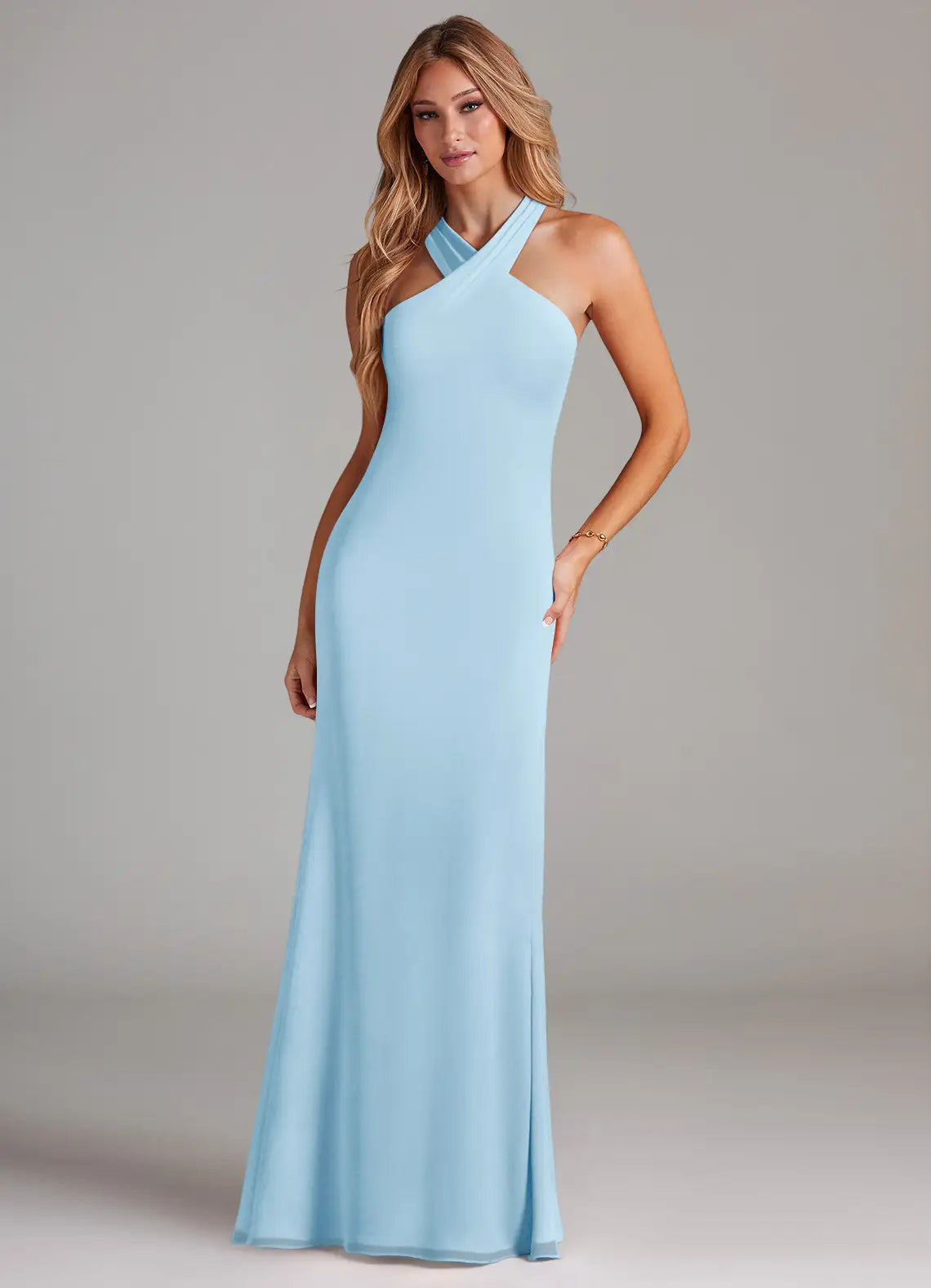 Sky Blue Crisscross Halter Neck Bow Tie Back Mermaid Maxi Chiffon Bridesmaid Dress