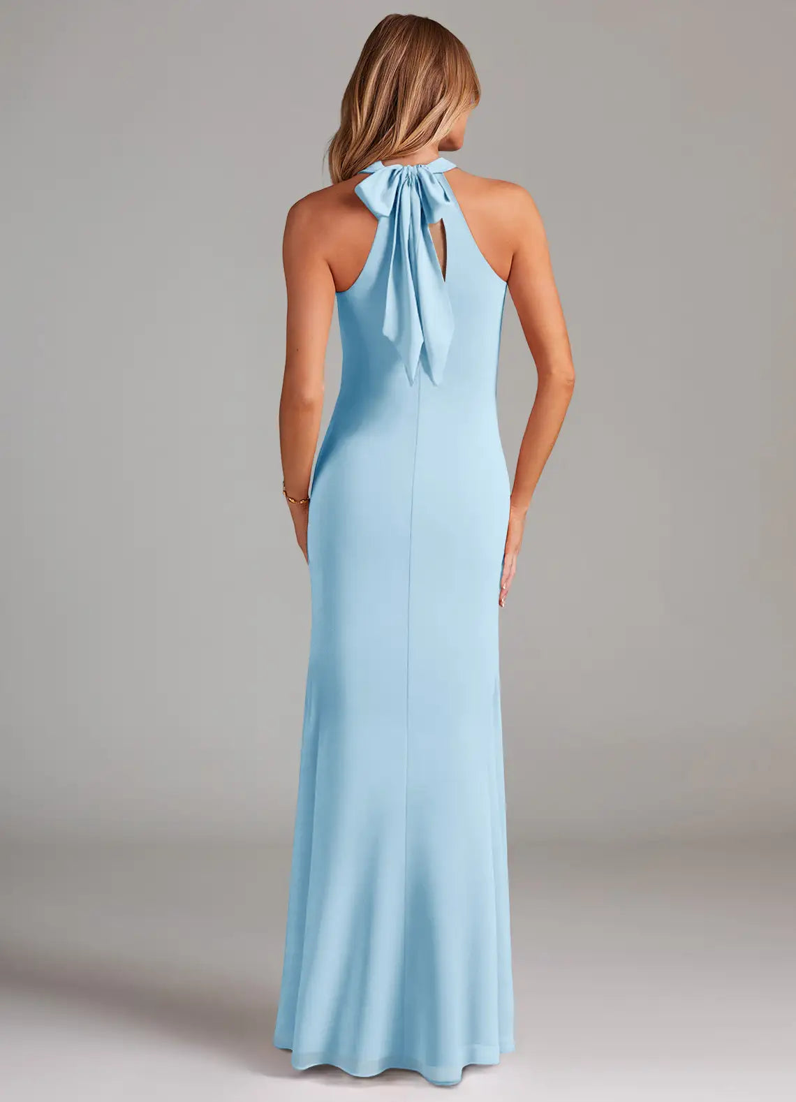 Sky Blue Crisscross Halter Neck Bow Tie Back Mermaid Maxi Chiffon Bridesmaid Dress
