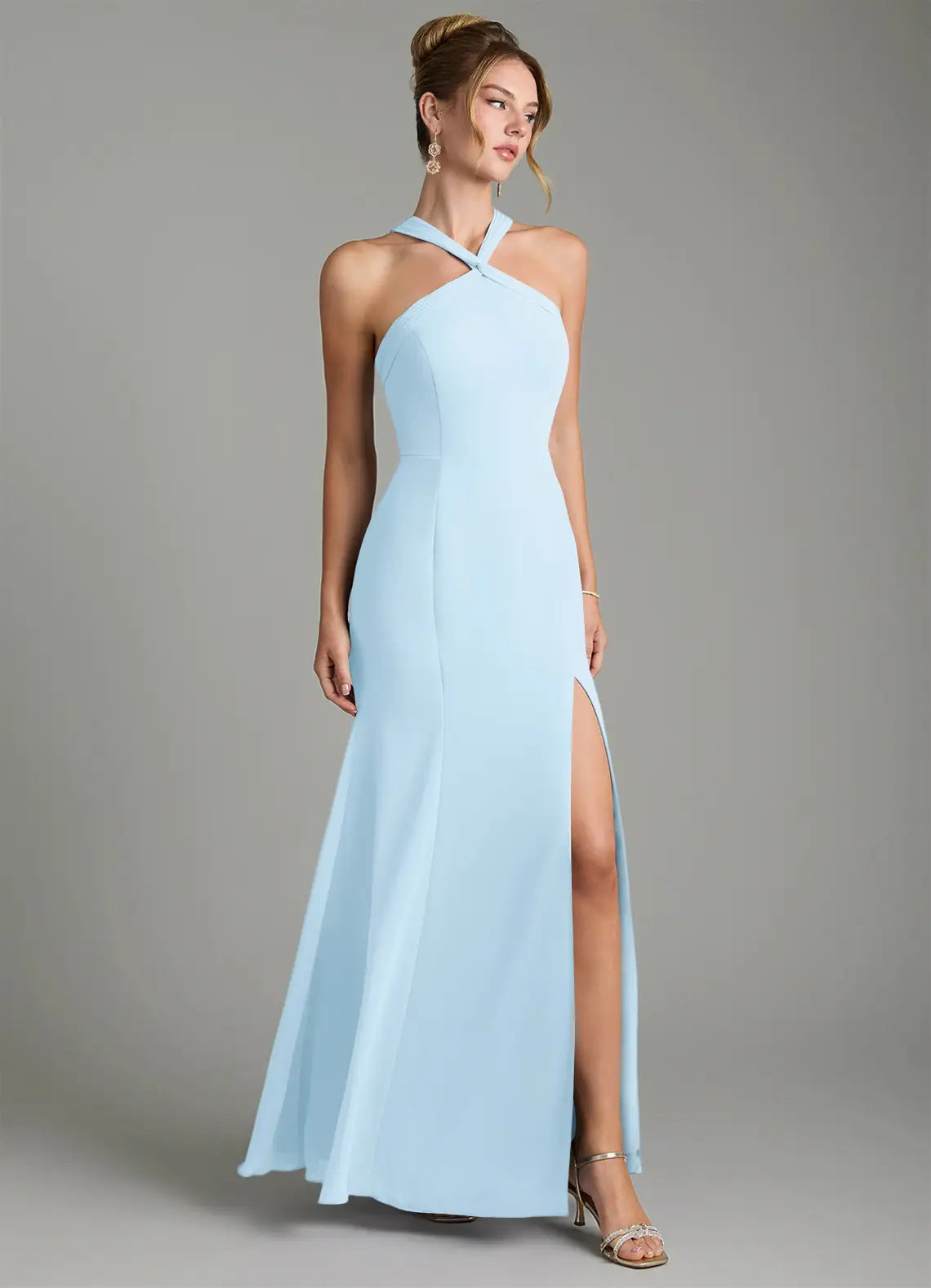 Sky Blue Cross Halter Twist Back High Slit Mermaid Crepe Maxi Bridesmaid Dress