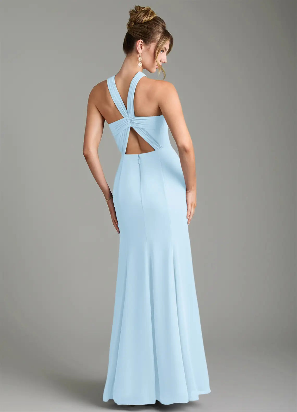 Sky Blue Cross Halter Twist Back High Slit Mermaid Crepe Maxi Bridesmaid Dress