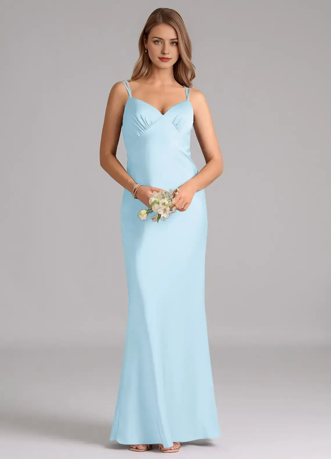 Sky Blue Double Spaghetti Strap Sweetheart Crisscross Back Floor Length Mermaid Satin Bridesmaid Dress