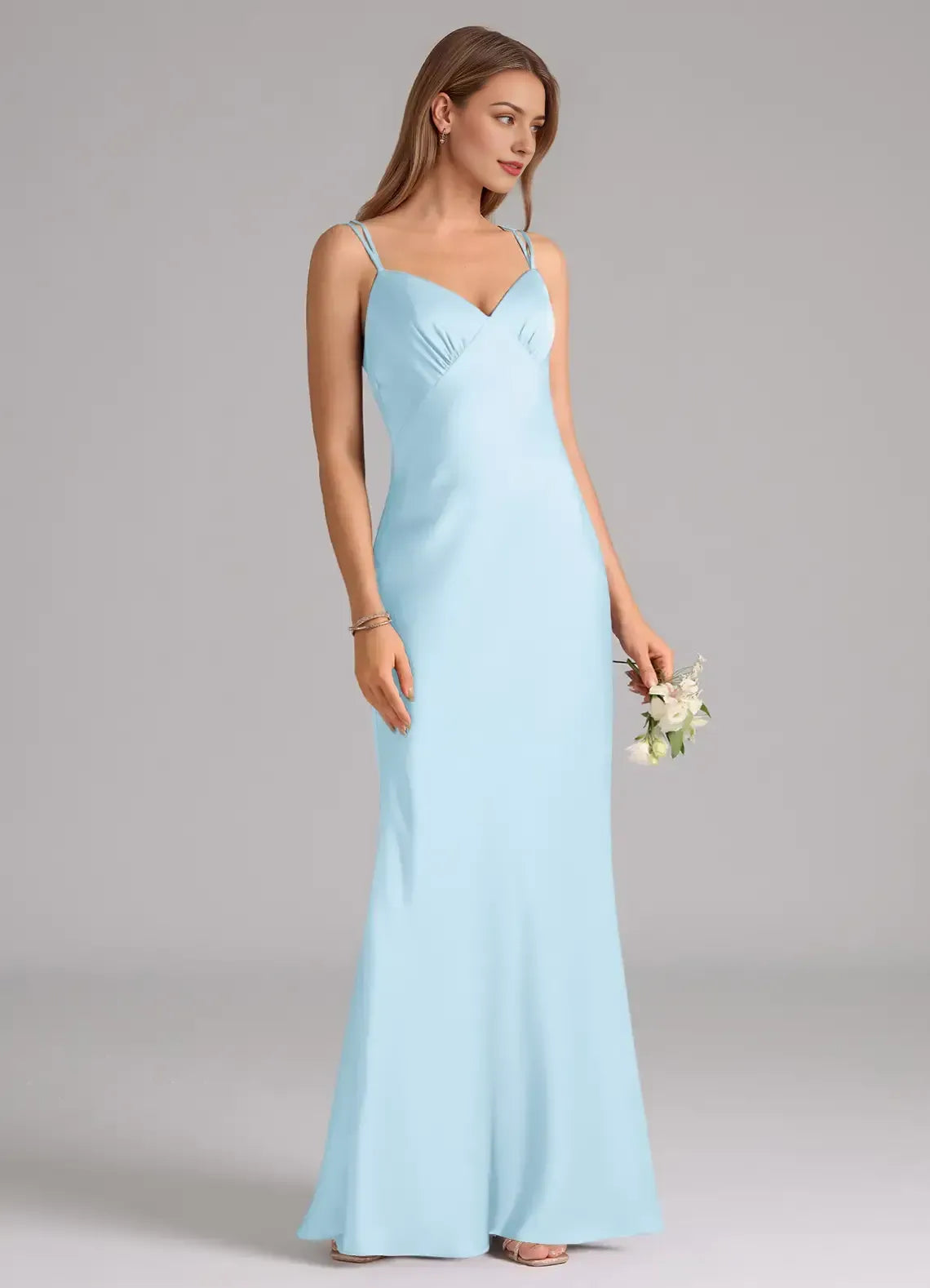 Sky Blue Double Spaghetti Strap Sweetheart Crisscross Back Floor Length Mermaid Satin Bridesmaid Dress