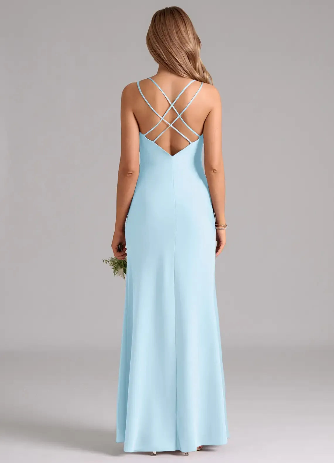 Sky Blue Double Spaghetti Strap Sweetheart Crisscross Back Floor Length Mermaid Satin Bridesmaid Dress