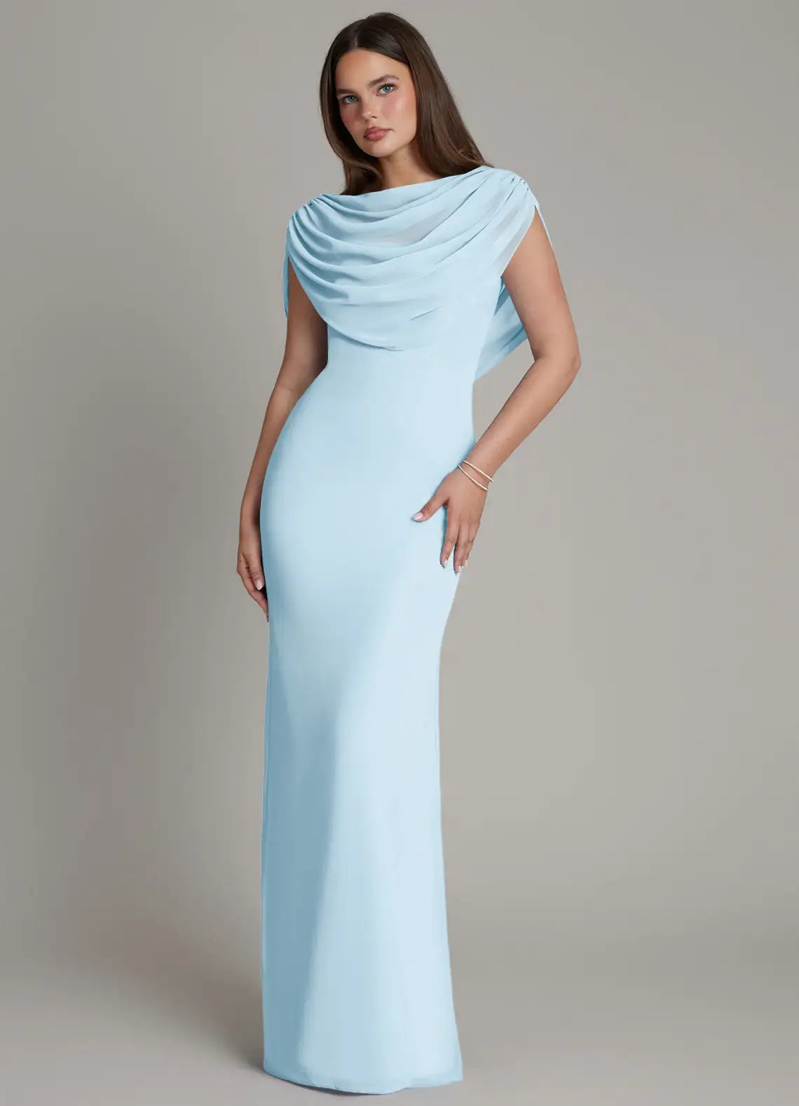 Sky Blue Draped Cape Cowl Neck Fitted Mermaid Maxi Chiffon Bridesmaid Dress