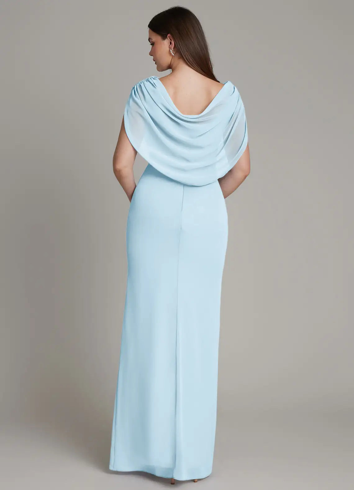 Sky Blue Draped Cape Cowl Neck Fitted Mermaid Maxi Chiffon Bridesmaid Dress