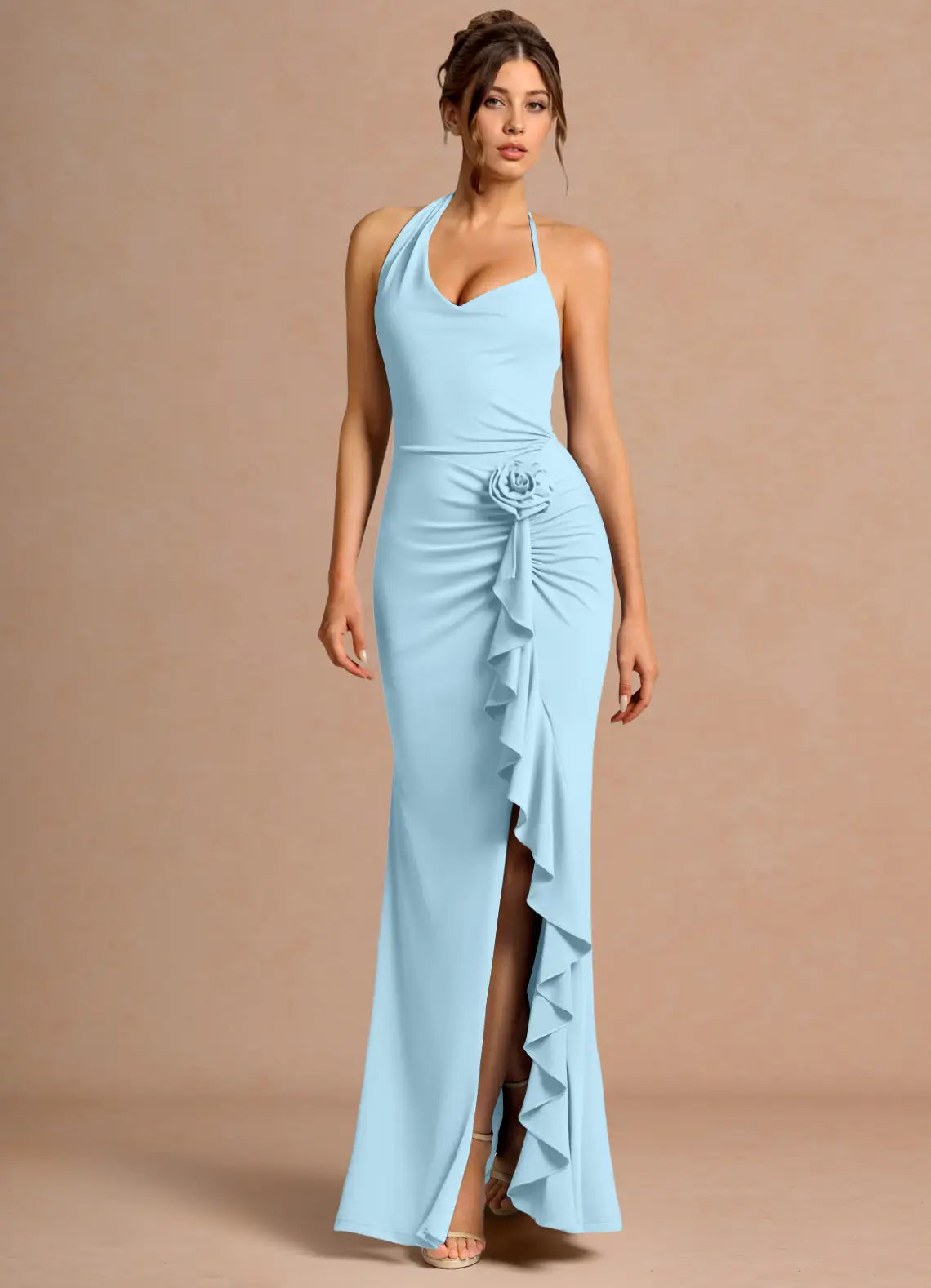 Sky Blue Halter 3D Floral Ruffle Slit Mermaid Maxi Wedding Guest Dress