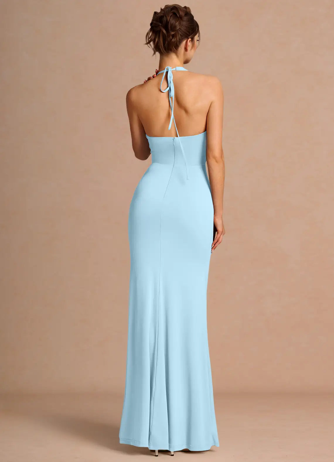 Sky Blue Halter 3D Floral Ruffle Slit Mermaid Maxi Wedding Guest Dress