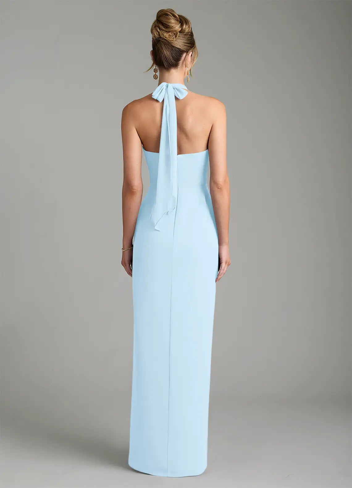 Sky Blue Halter Cowl Tie Back High Slit Mermaid Crepe Maxi Bridesmaid Dress
